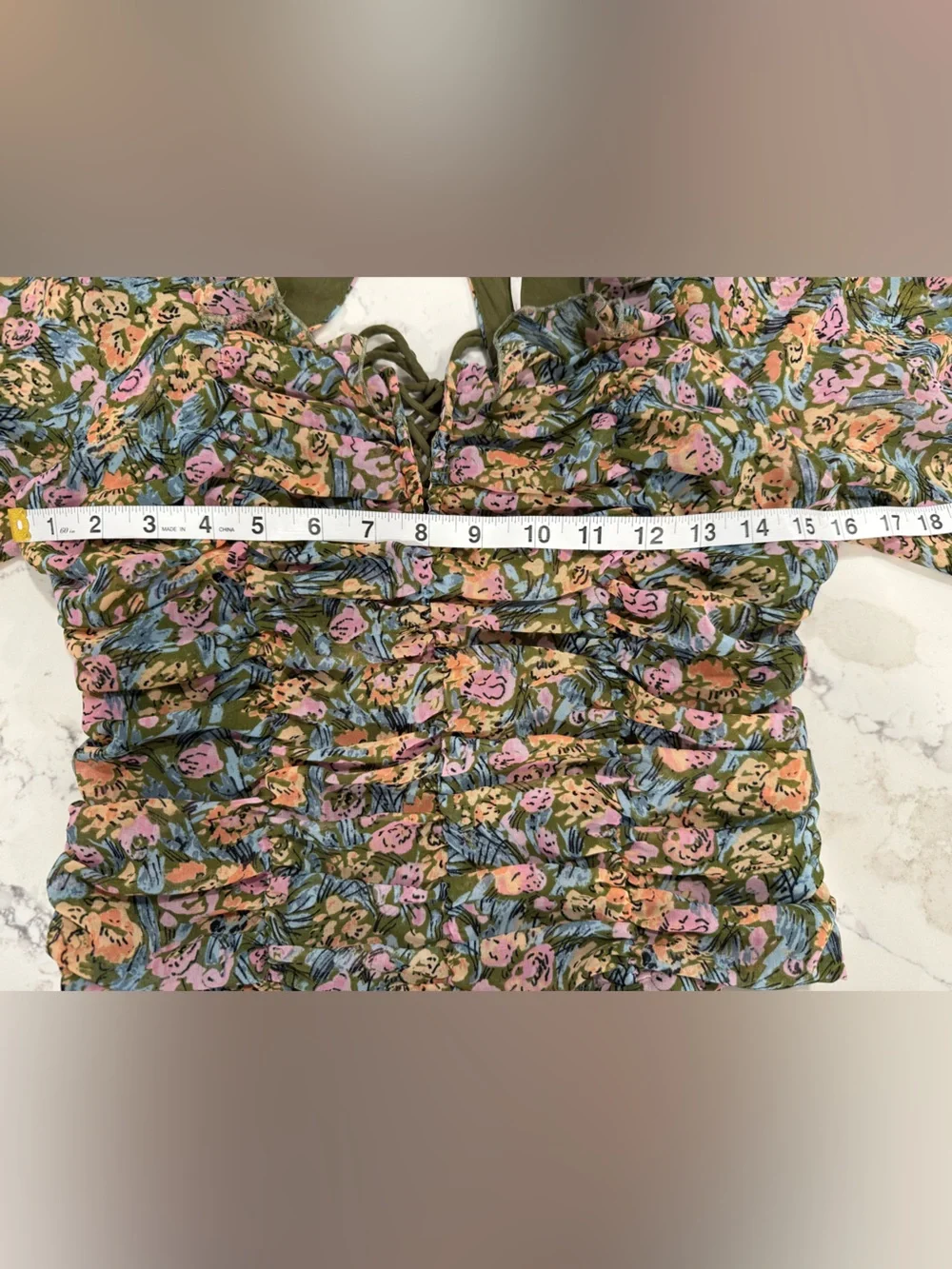 Boho Free People Olive Floral Ruched Crop Top Open Back Balloon Sleeve Size S